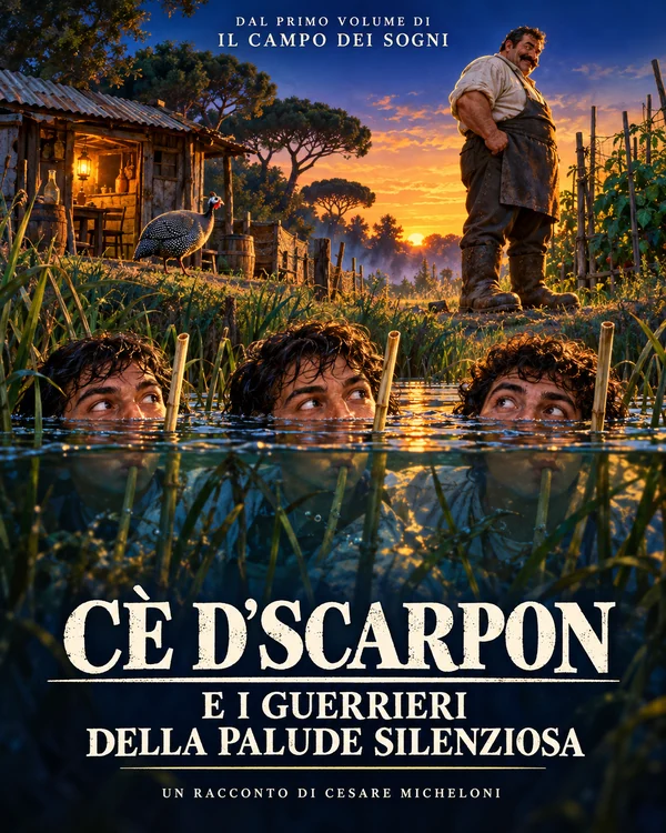 Cè d’Scarpon sulla riva, accanto alla baracca e a una faraona; tre giovani nascosti nell’acqua respirano con boccagli di canna.