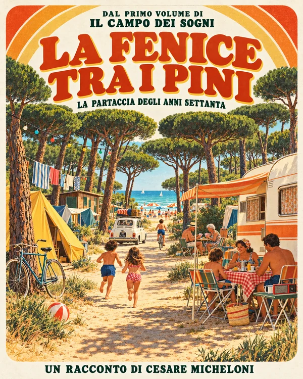 La fenice tra i pini: un campeggio della Partaccia negli anni Settanta, con tende, roulotte, famiglie e biciclette tra i pini e il mare.