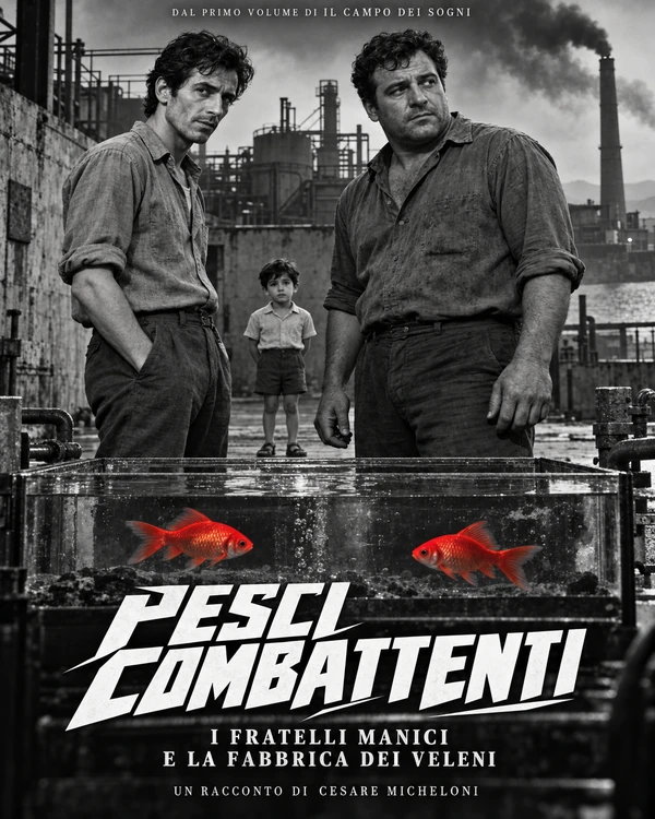 Pesci combattenti: Vittorio e Giancarlo Manici davanti alla fabbrica, un bambino alle loro spalle e due pesci rossi nell’acquario in primo piano; il resto è in bianco e nero.